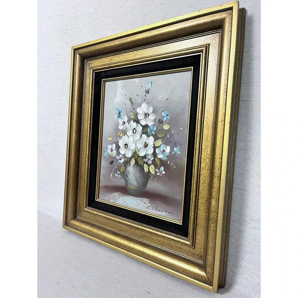 Vintage Floral Oil Painting | Gold Framed Wall Art, Mid-Century Moody Still Life